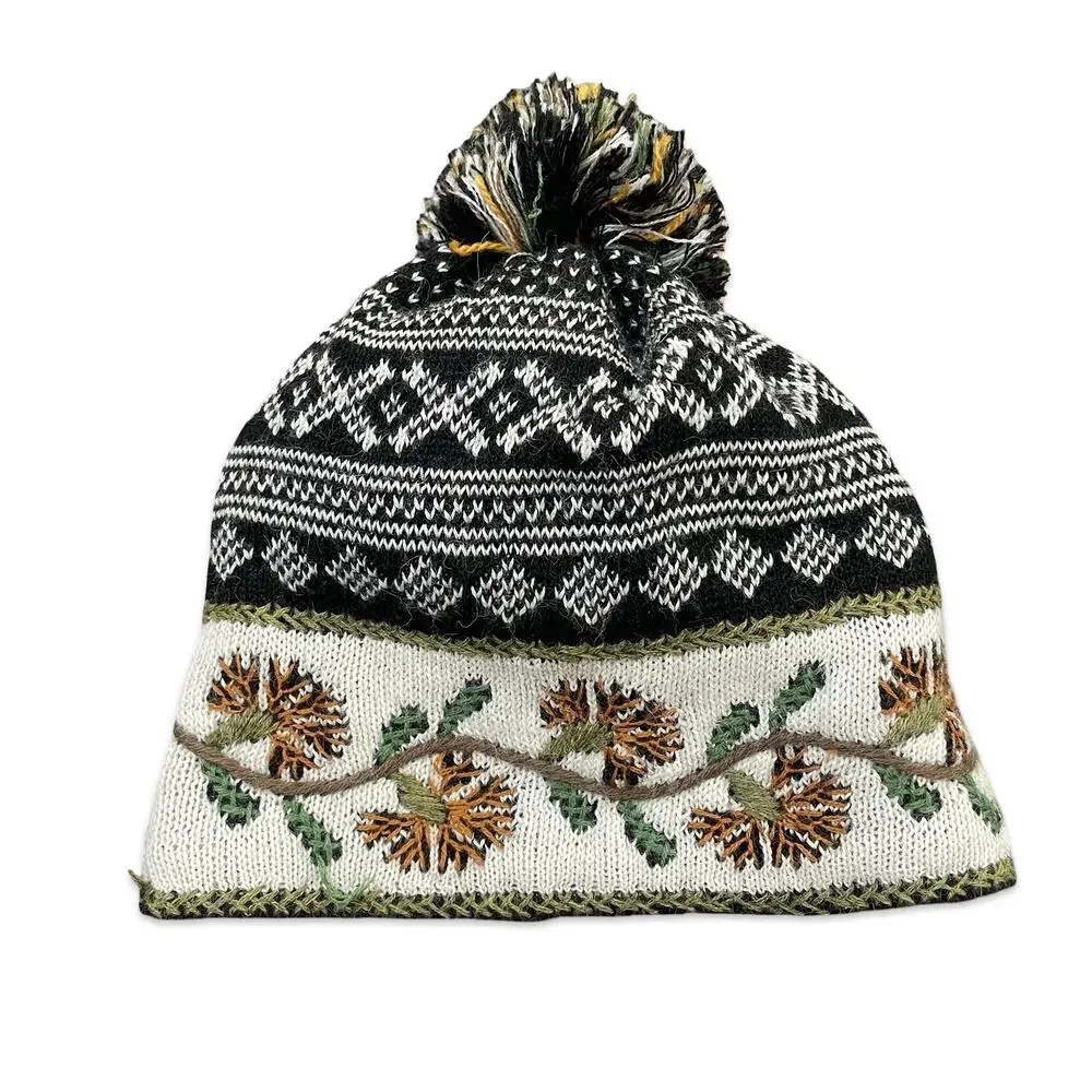 Peruvian Link Alpaca Knit Pom Pom Beanie Hat Black Cream Floral Fair Isle Boho